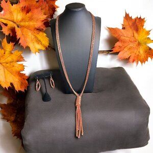 Rose Gold‎ Tone Mesh Lariat Necklace/Hoop Earrings Set Boho Statement Elegant